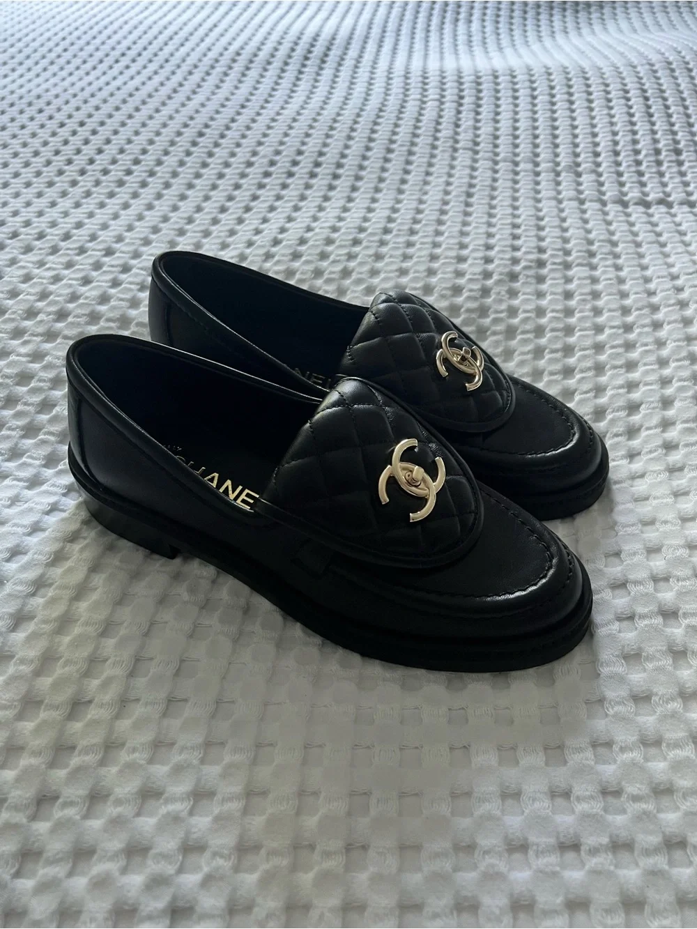 CHANEL Black Quilted Lambskin CC Turnlock Loafers Moccasins